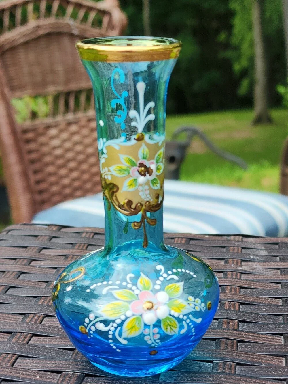 Vtg Glass Boho MCM Azure Blue Vase Hand painted Gold Embellishments Floral EUC